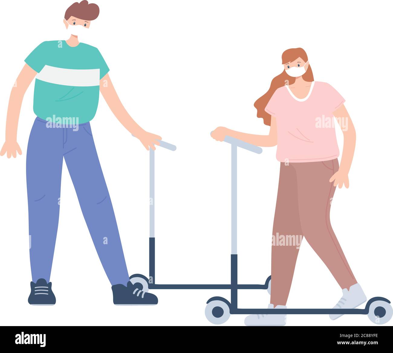 people with medical face mask, couple with kick scooter in the park