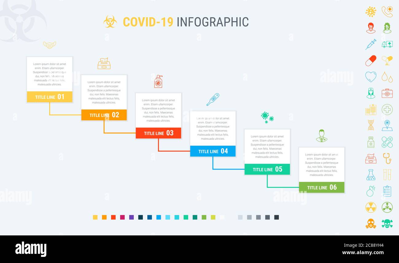 Colorful diagram of covid-19 infographic template. Timeline with 6 options. Coronavirus workflow schedule. Vector design. Many additional icons. Stock Vector