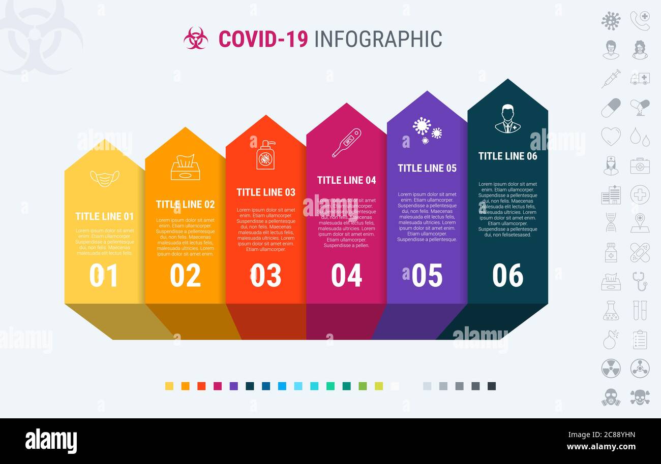 Colorful diagram of covid-19 infographic template. Timeline with 6 steps. Coronavirus workflow diagram. Vector design. Many additional icons. Stock Vector