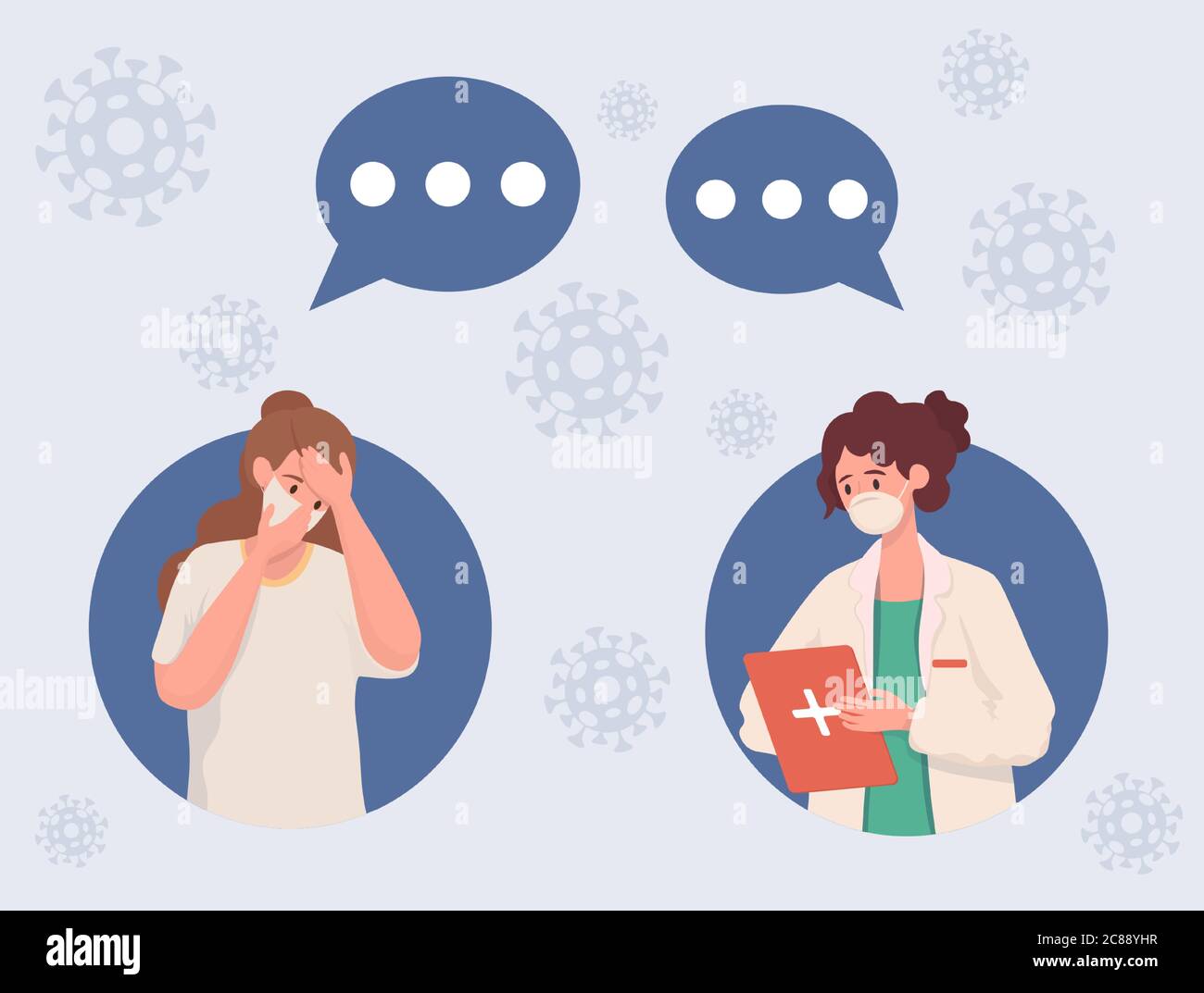 Young woman infected with Coronavirus calling doctor vector flat illustration. If you have Covid-19 symptoms call doctor concept. Nurse and woman speak with communication speech bubbles. Stock Vector