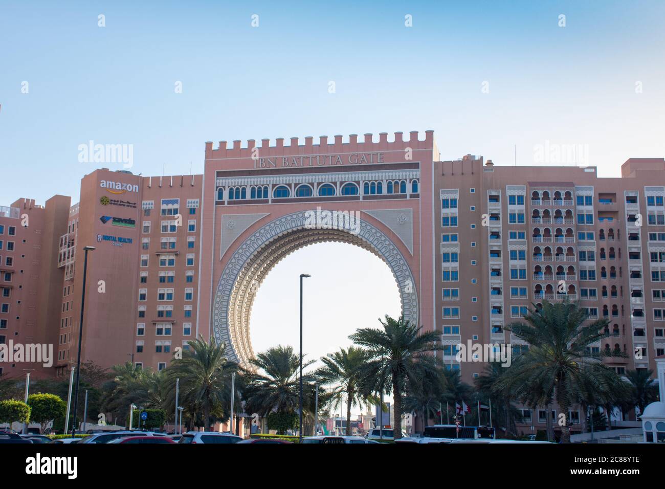 'Dubai, Dubai/United Arab Emirates - 03/07.2020: Ibn Battuta Gate and Shopping Mall at Sunset. Stock Photo