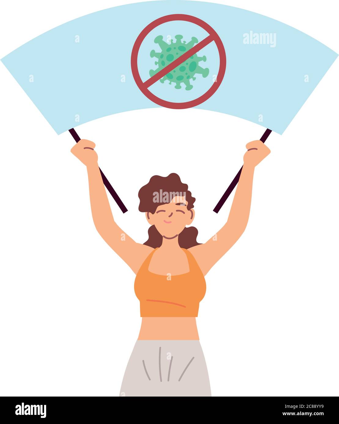 Woman cartoon holding banner with stop covid 19 virus design of 2019 ...