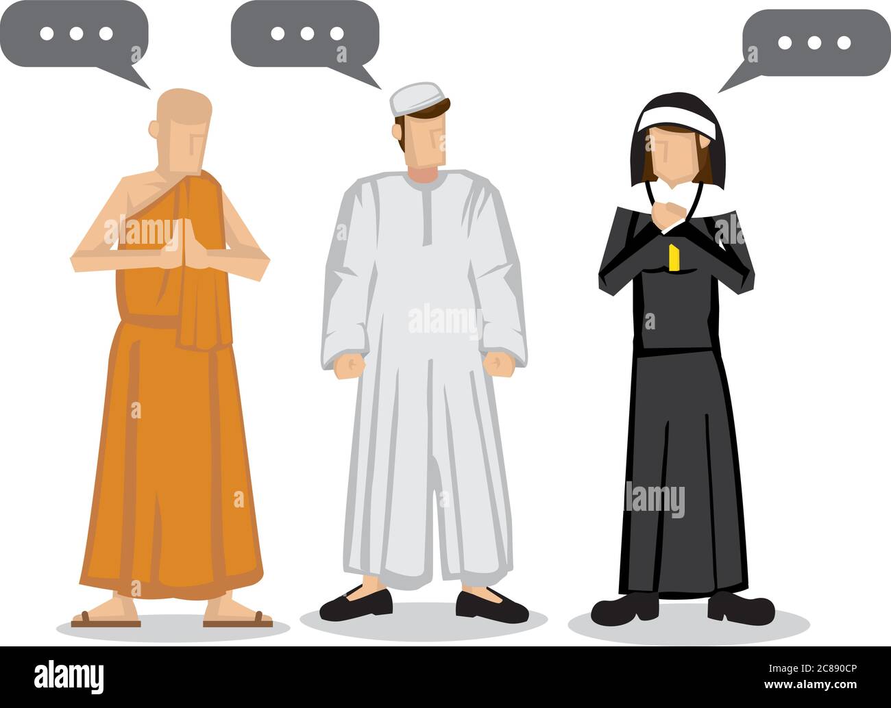 People of different religions. Islam Muslim, Buddhism monk and a christianity nun. Friendship and peace conversation between religion characters. Flat Stock Vector