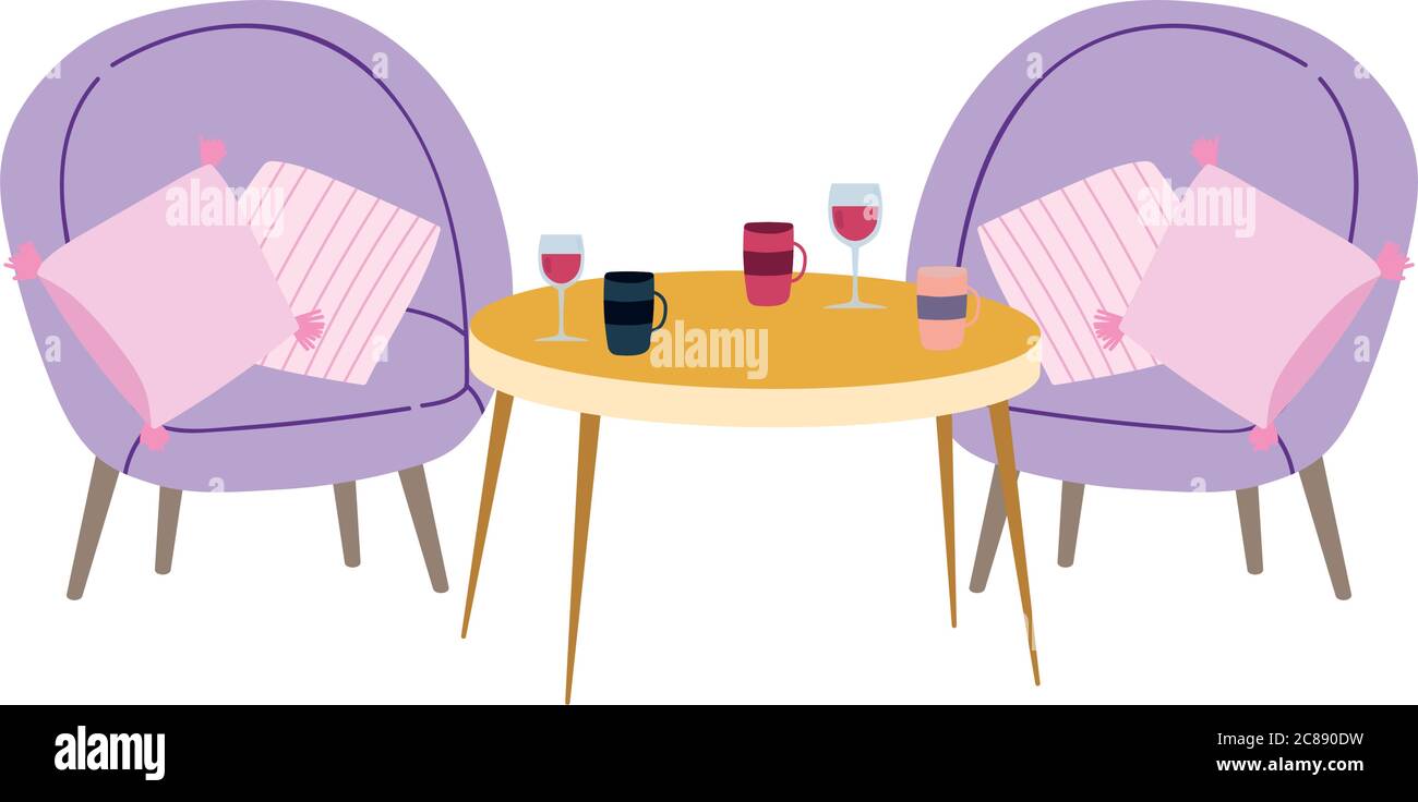 restaurant or a cafe chair cushion table with wine coffee cups vector