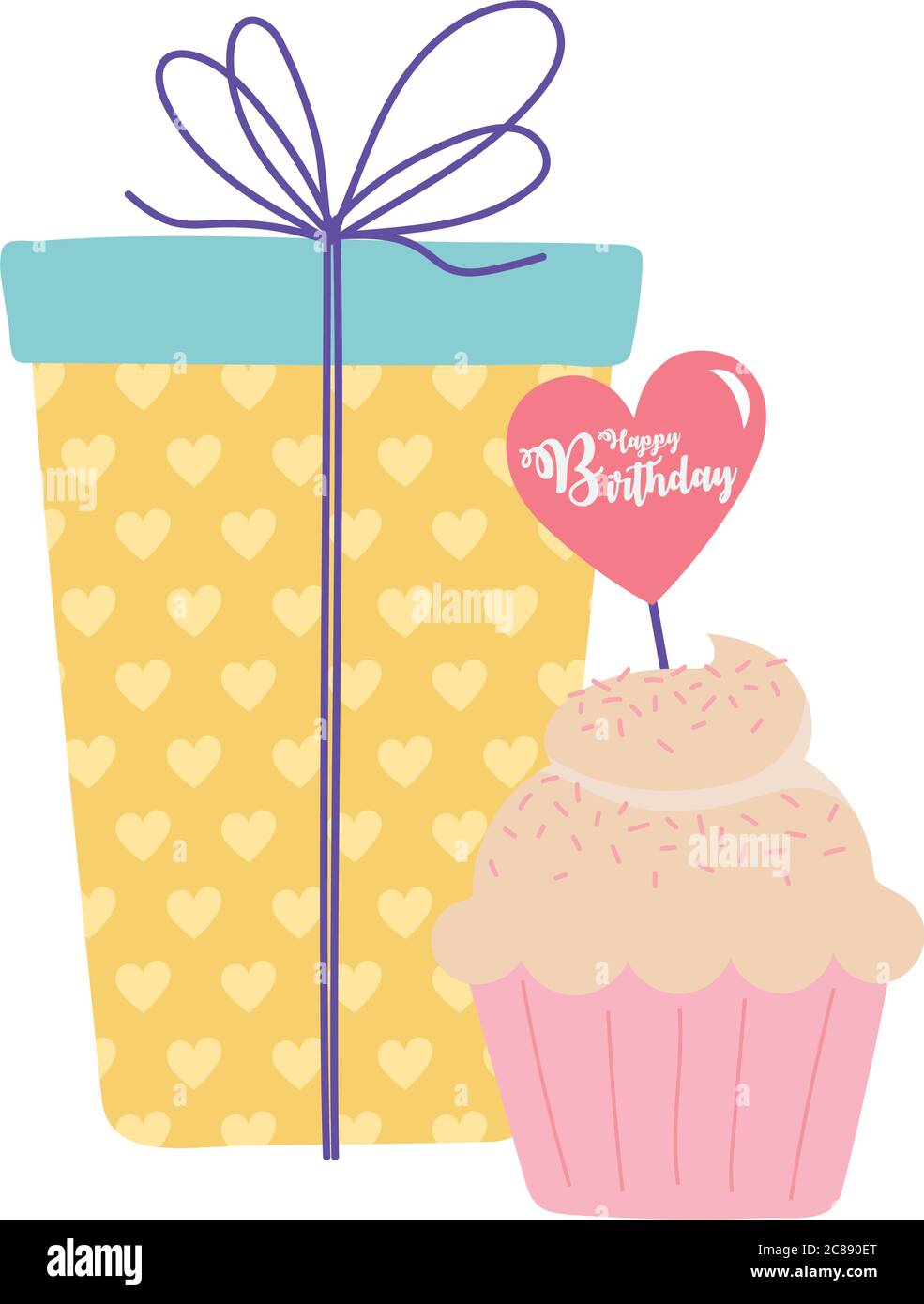 happy birthday, gift box and cupcake celebration decoration cartoon