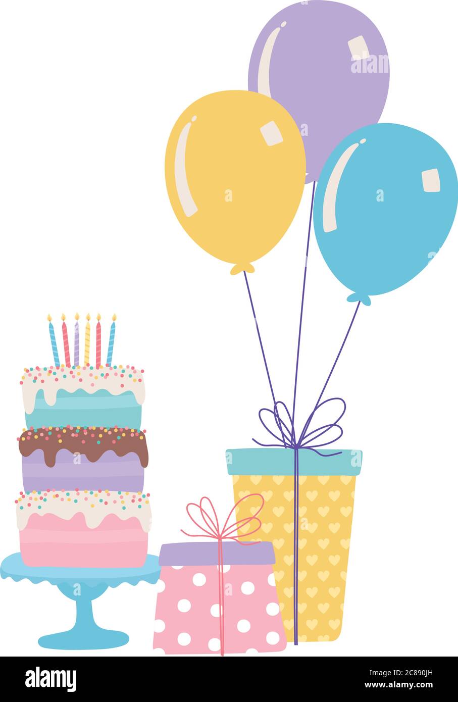 happy birthday, sweet cake gifts party hat and balloons celebration ...