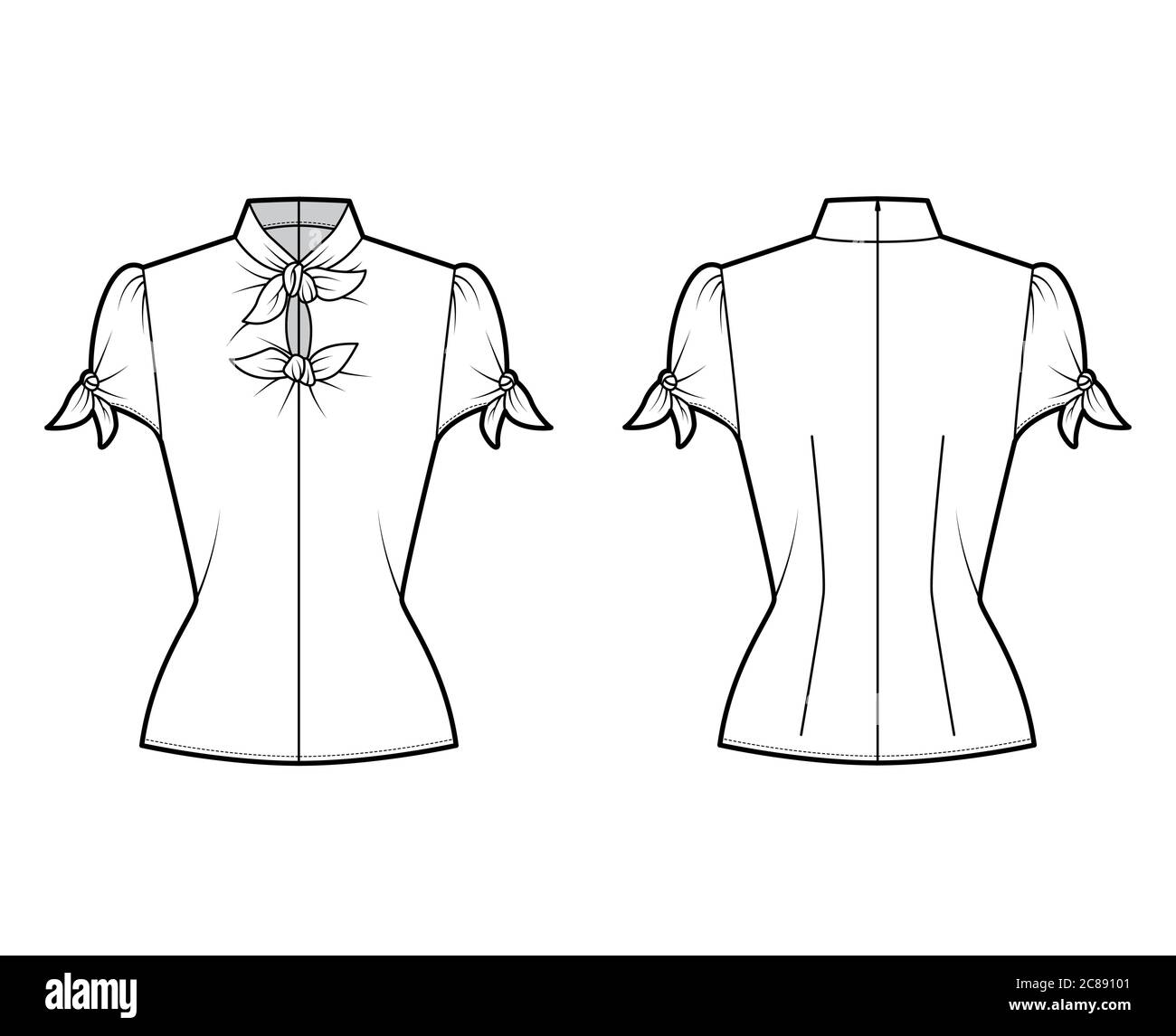 Knotted cutout blouse technical fashion illustration with high neckline, puffed volume sleeves, back zip fastening. Flat apparel template front, back white color. Women men unisex garment CAD mockup Stock Vector