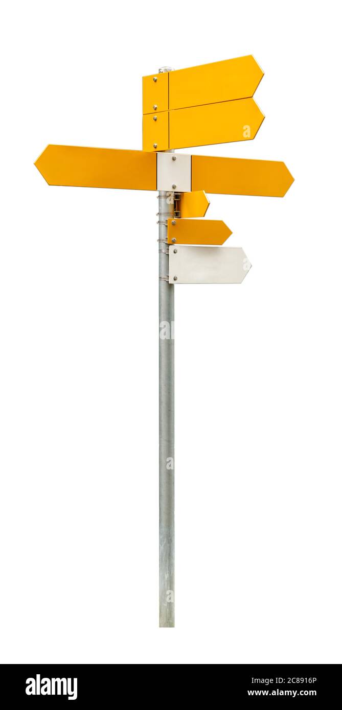 Empty signpost : aluminium pole with 6 yellow and 1 white arrow pointing in multiple directions isolated on white background Stock Photo