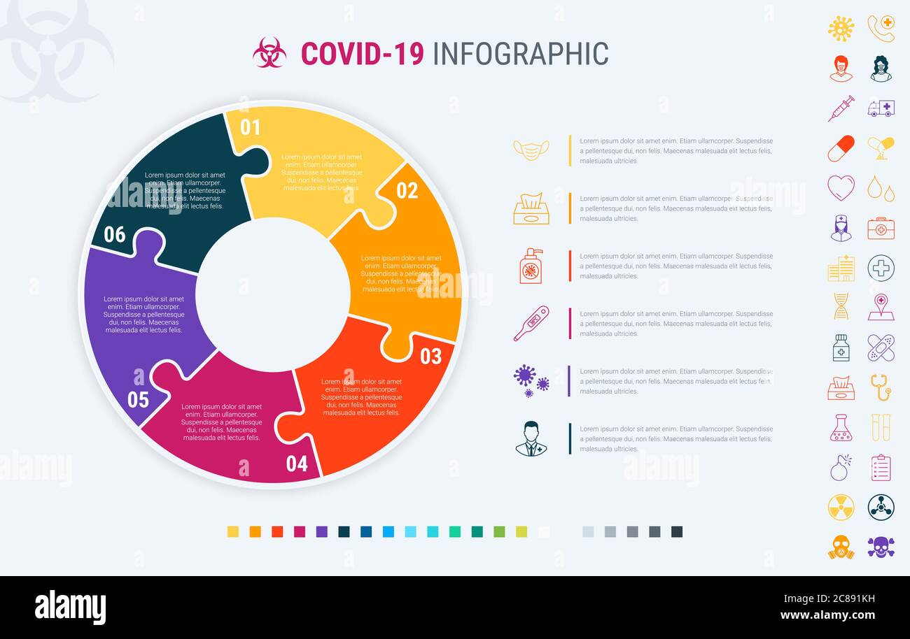 Coronavirus modular infographic template with 6 steps. Covid-19 colorful diagram, timeline and schedule isolated on light background. Many additional Stock Vector