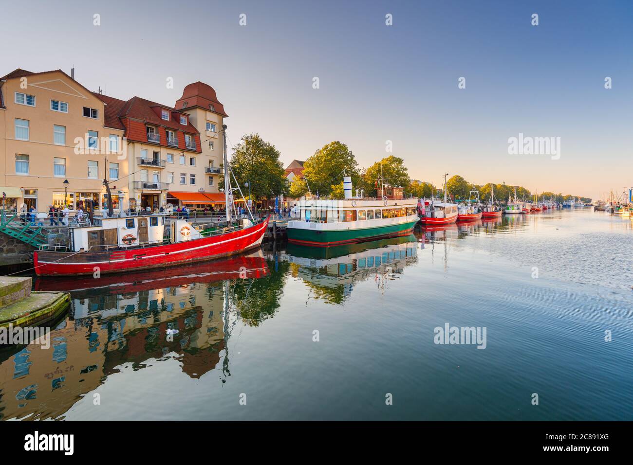 Warnemunde, Germany cityscape on Alte Strom old channel. Stock Photo