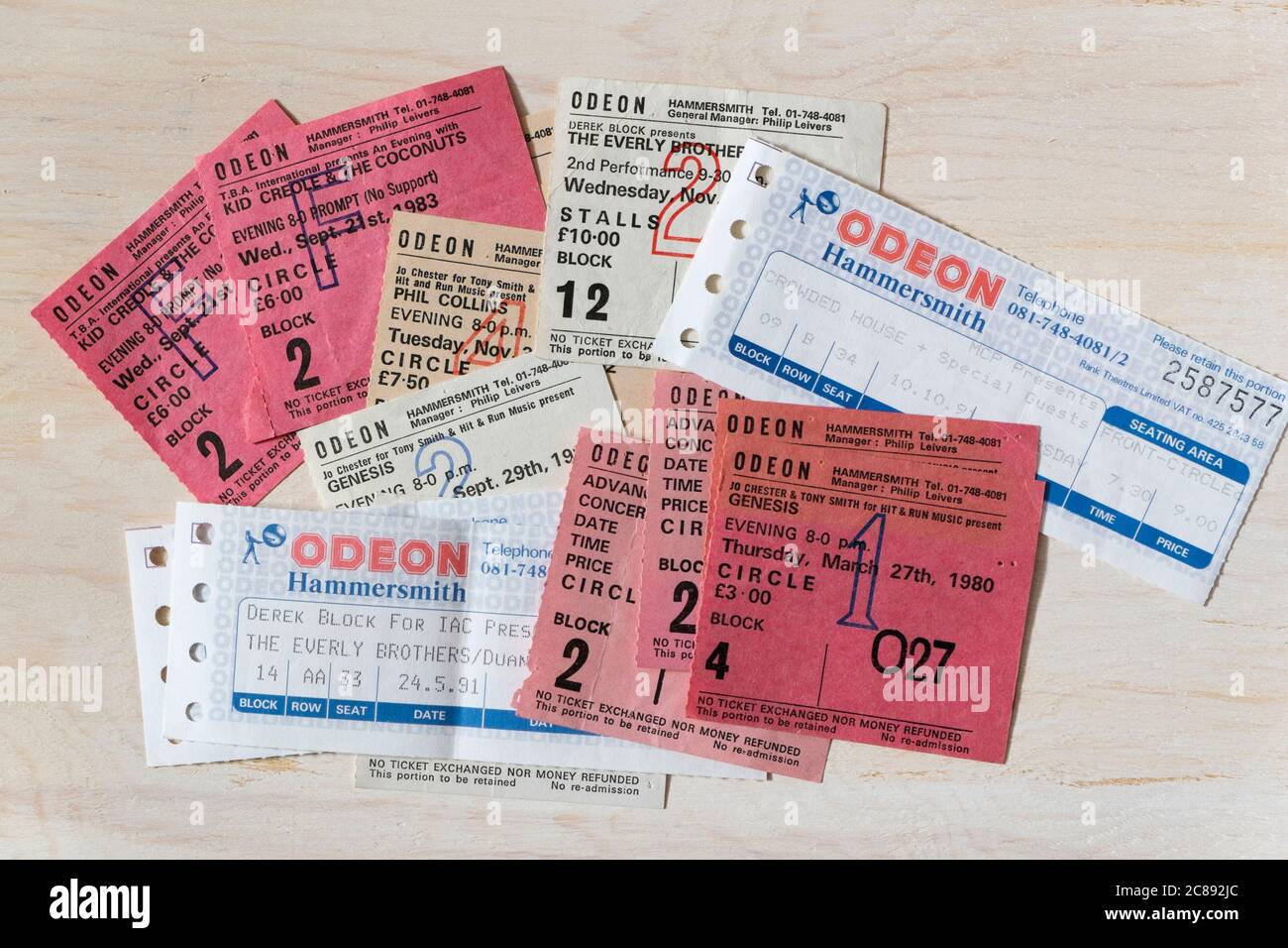 A collection of concert ticket stubs from the 1980s and 1990s for Genesis, Simple Minds, Kid Creole and the Coconuts, Phil Collins, The Everly Brother Stock Photo