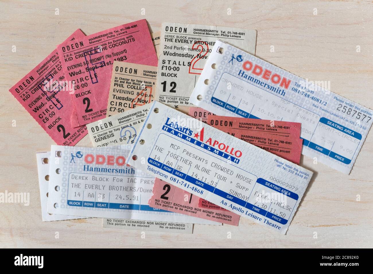 A collection of concert ticket stubs from the 1980s and 1990s for Genesis, Simple Minds, Kid Creole and the Coconuts, Phil Collins, The Everly Brother Stock Photo