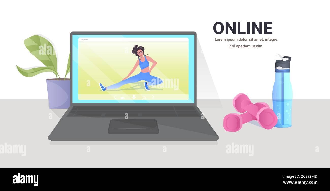 woman doing yoga fitness exercises on laptop screen online training ...