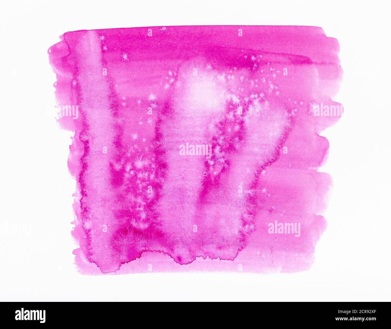 abstract painted pink square with stains and paint splashes hand painted by watercolour paints on white textured paper Stock Photo