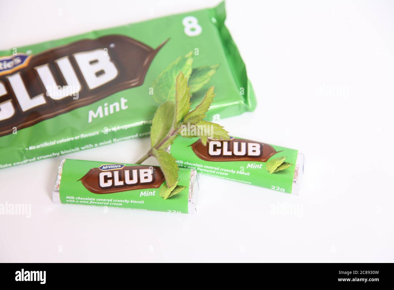 McVities Club Chocolate Bars, Mint flavour Club biscuit, on white with