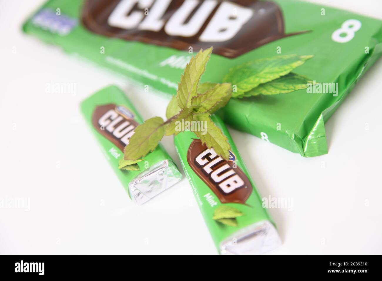 McVities Club Chocolate Bars, Mint flavour Club biscuit, on white with
