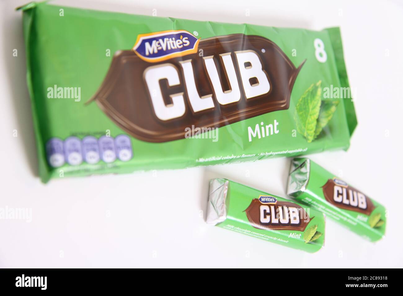 McVities Club Chocolate Bars, Mint flavour Club biscuit, on white Stock