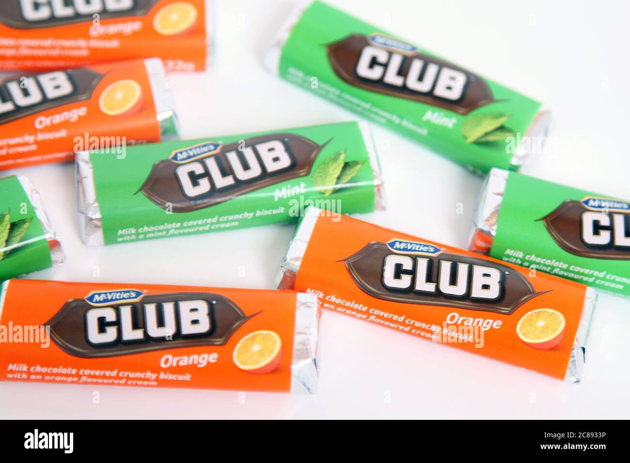 A mix of McVities Club chocolate biscuit bars Mint and Orange flavour