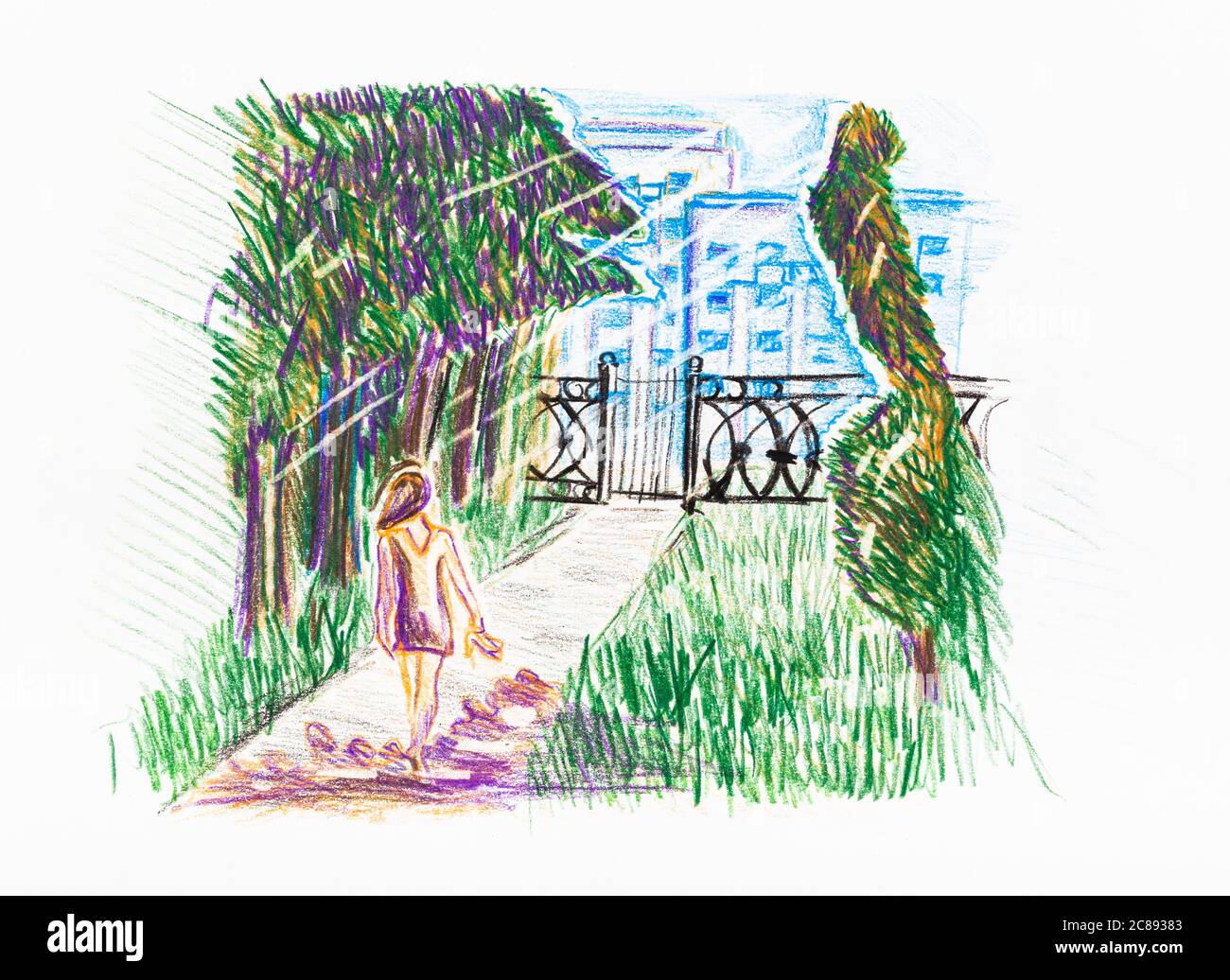 woman near gate of city park and view of apartment houses in summer hand-drawn by color pencils on white paper Stock Photo