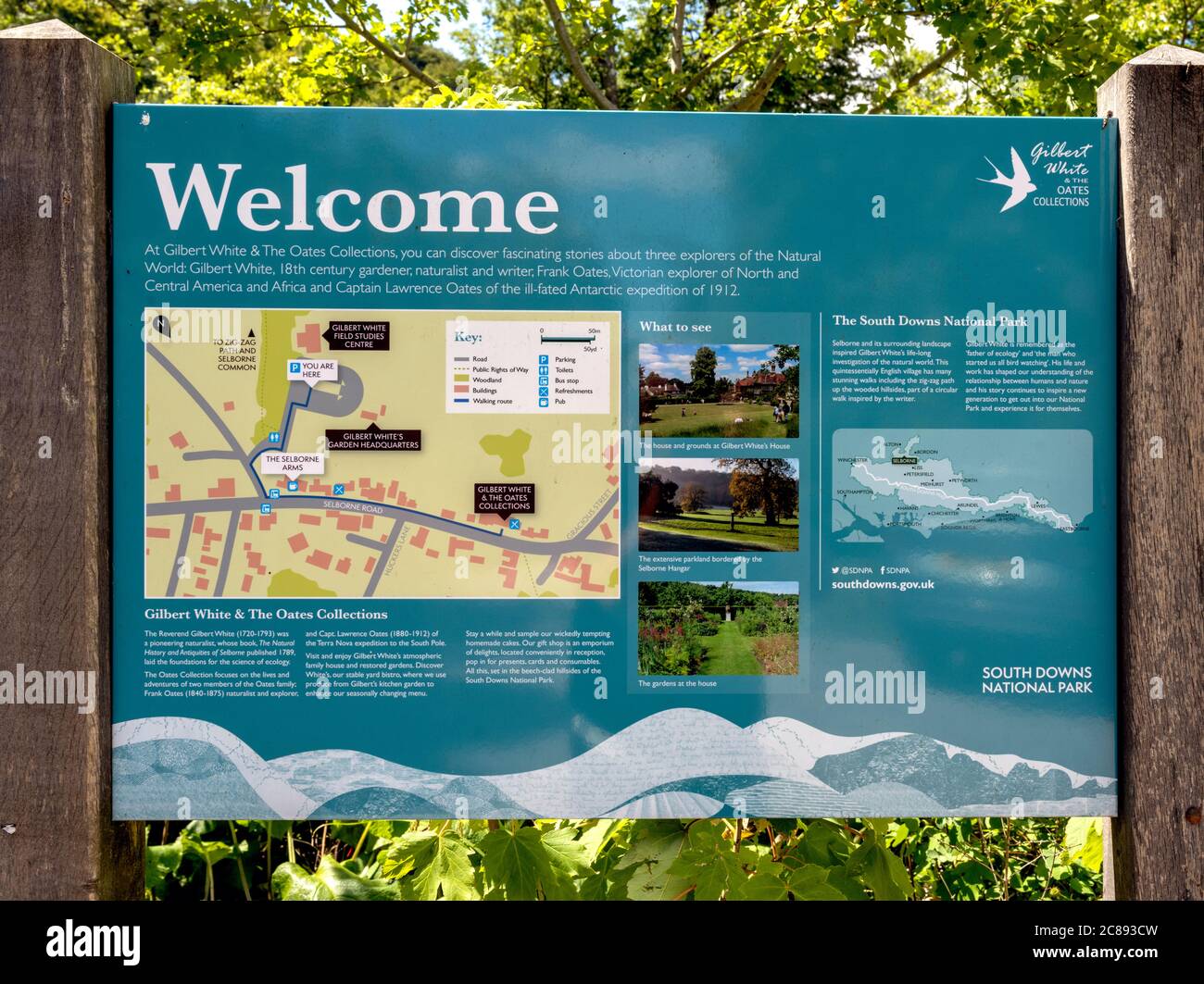 Tourist and visitor information board at Gilbert White's House, The Wakes, Selborne, Hampshire, England, UK Stock Photo
