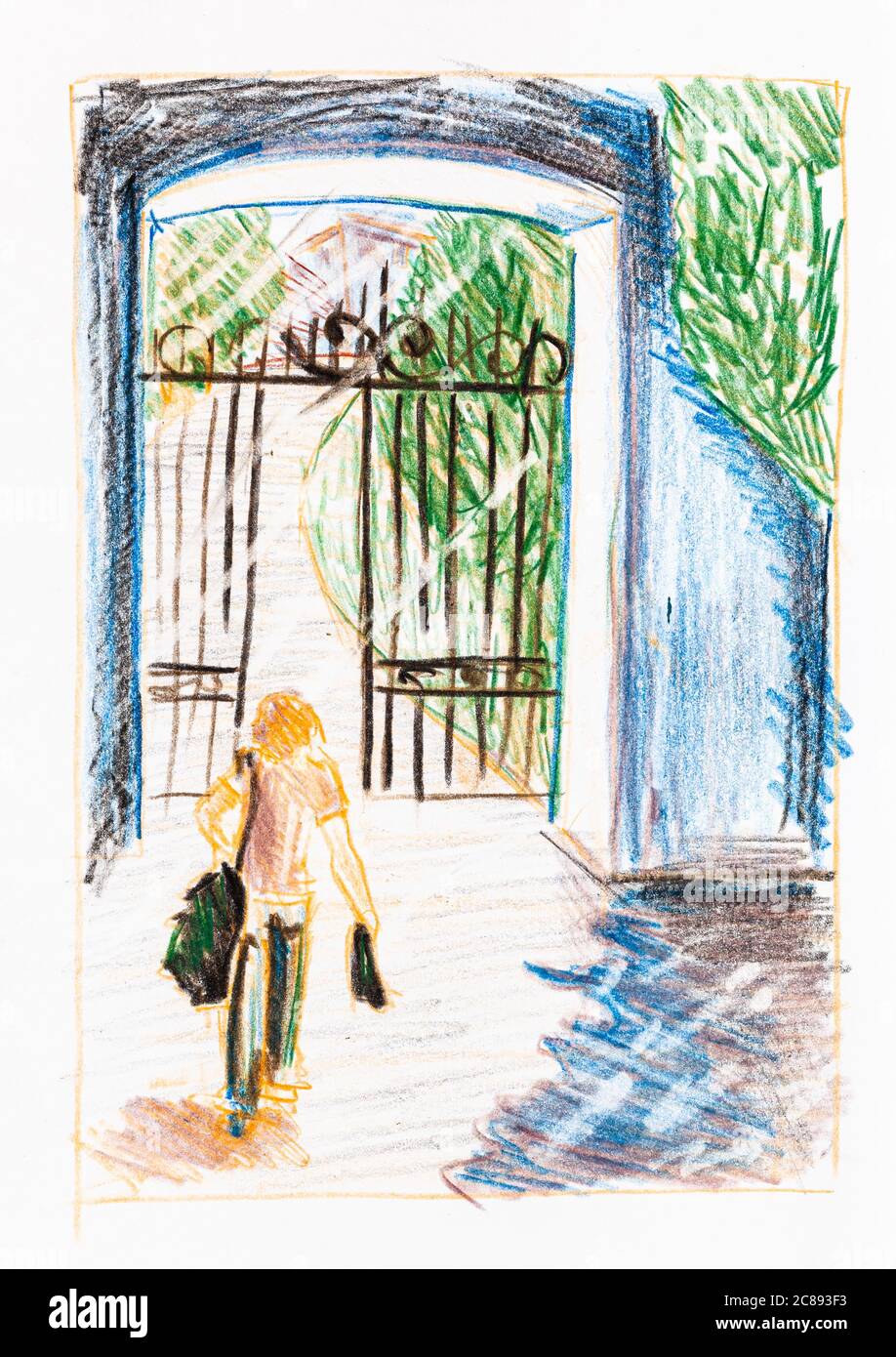 sketch of man goes to gate of city park in summer hand-drawn by color pencils on white paper Stock Photo