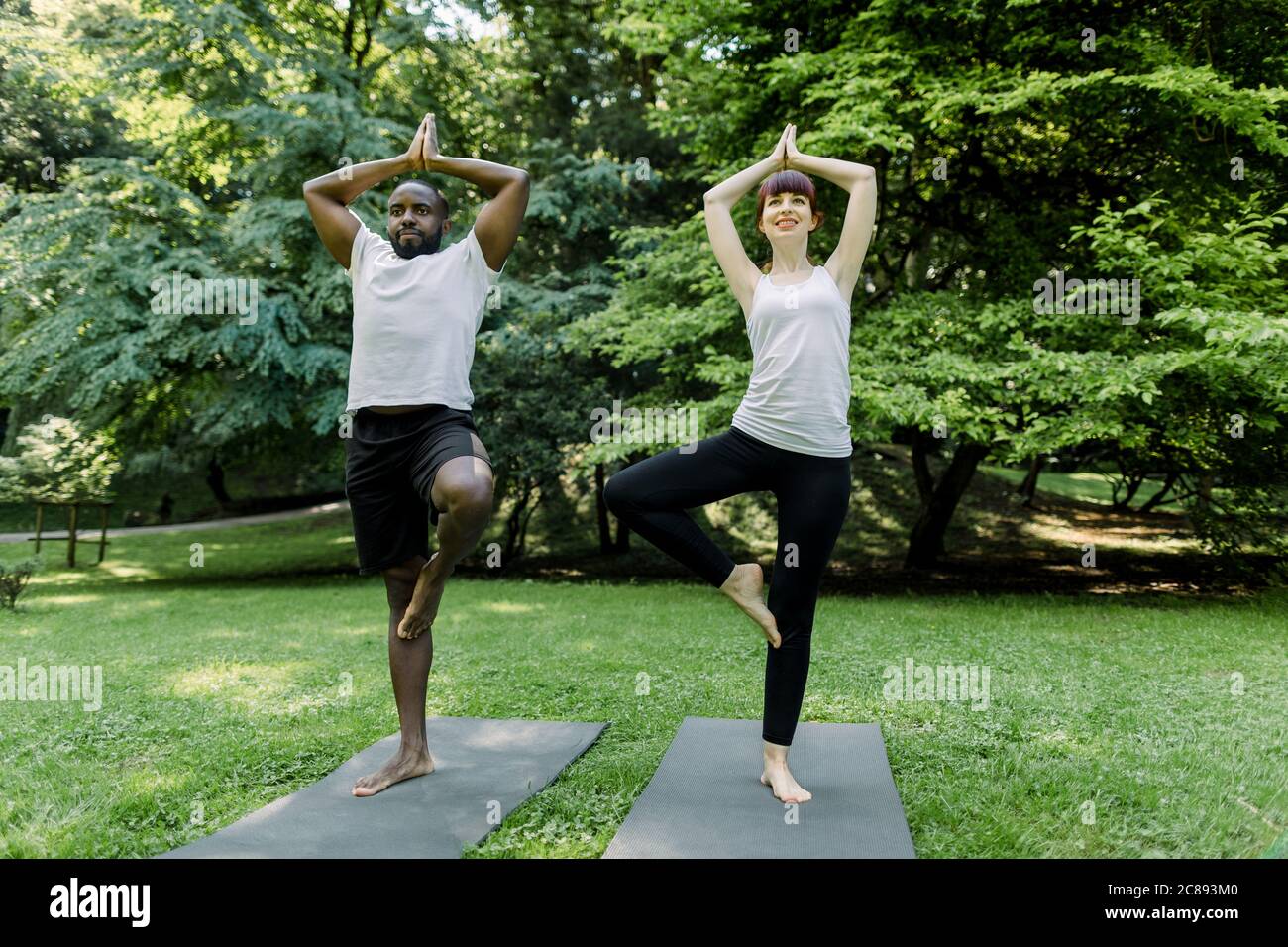Couple doing yoga in nature. Full length view of young multiethnical male and female friends doing the tree yoga pose together at a park Stock Photo
