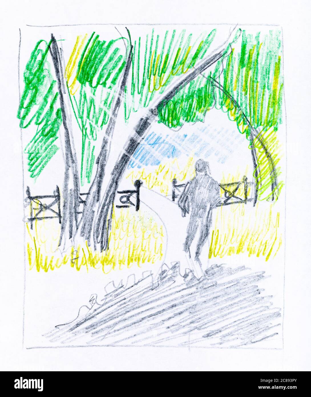 sketch of man goes on path to city park in summer hand-drawn by color pencils on white paper Stock Photo