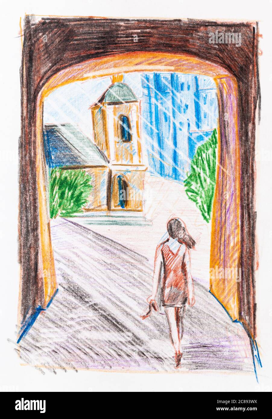 sketch of young woman goes to town through passage in city wall in summer hand-drawn by color pencils on white paper Stock Photo
