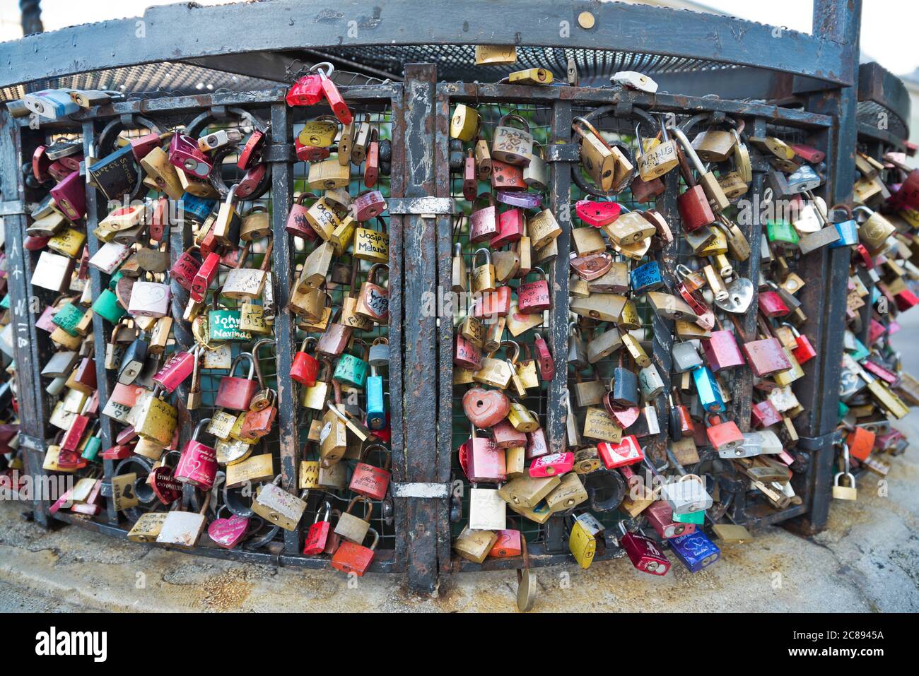 Locks of lovers attached to a fountain on the Kahlenberg in Vienna. Stock Photo