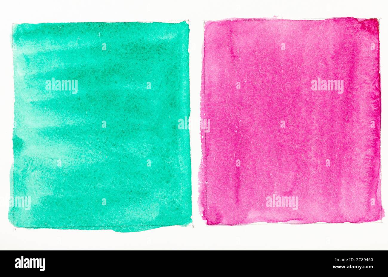 training drawing of pair of colored squares hand painted by watercolour paints on white textured paper Stock Photo