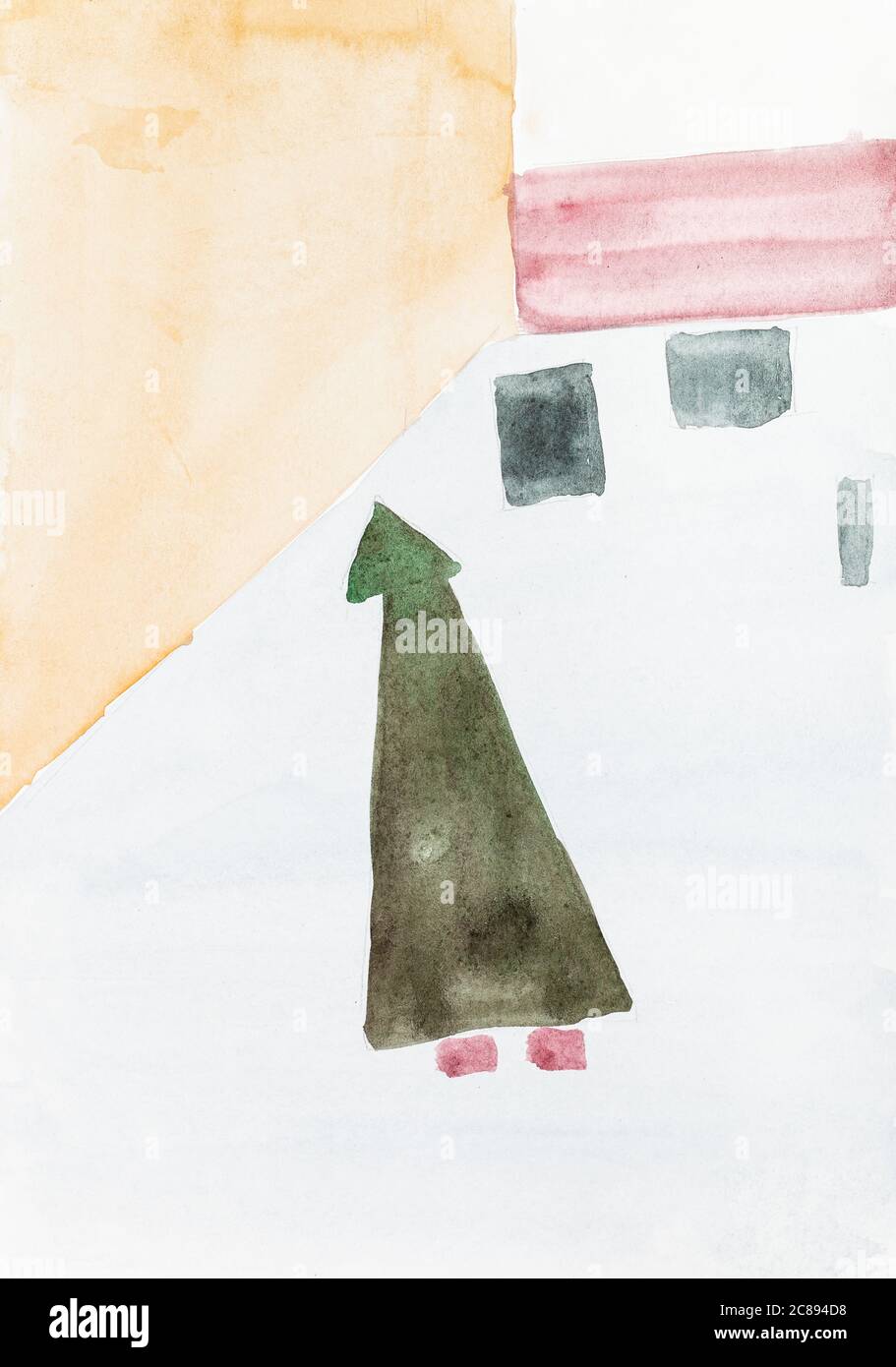 abstract art - girl in green coat and hat on street on winter day hand painted by watercolour paints on white textured paper Stock Photo