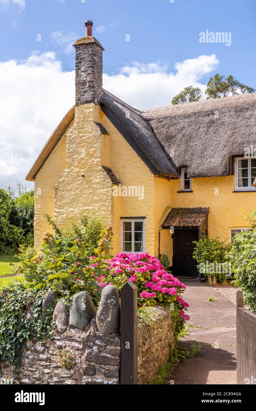A traditional thatched farmhouse on Exmoor National Park in the village of Bossington, Somerset UK Stock Photo