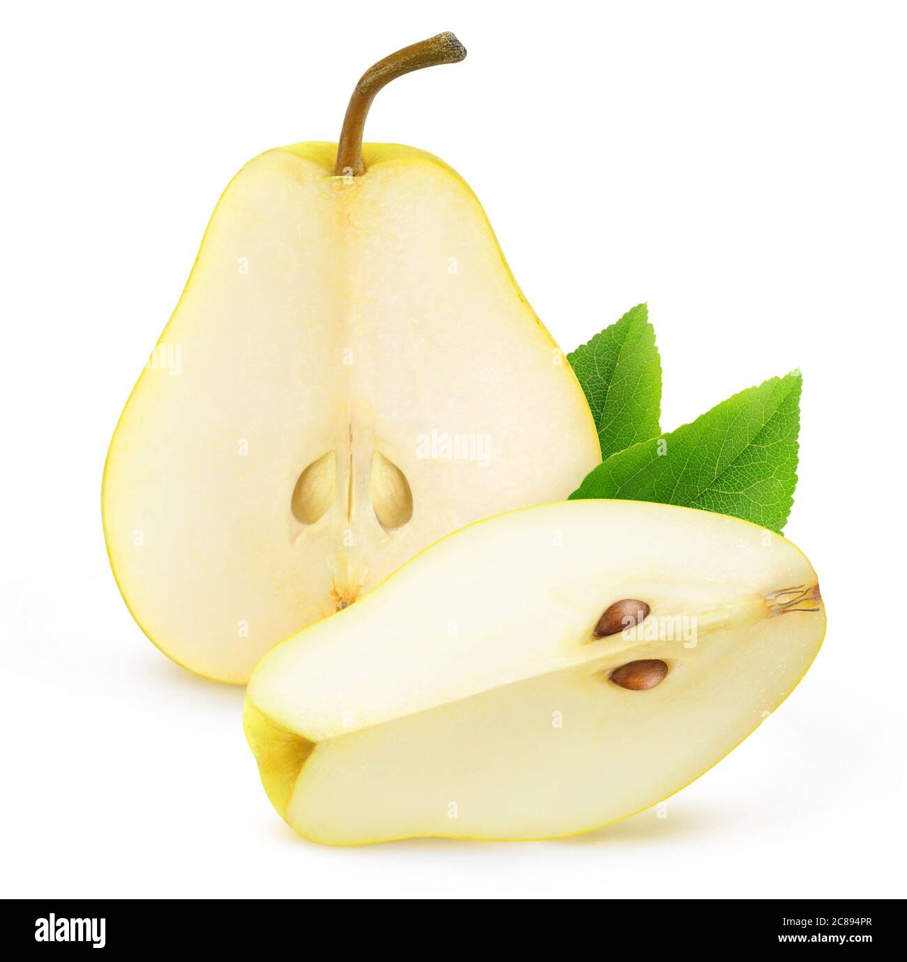 Isolated green pear. One green pear with cut out piece isolated on white background Stock Photo
