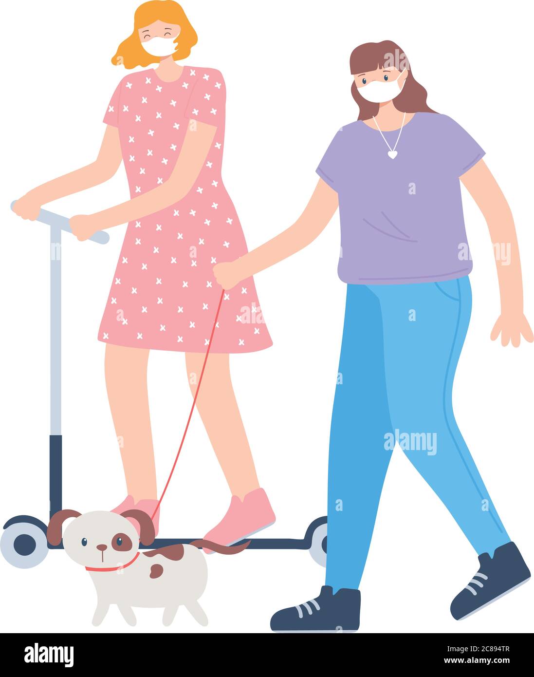 people with medical face mask, woman riding kick scooter and girl