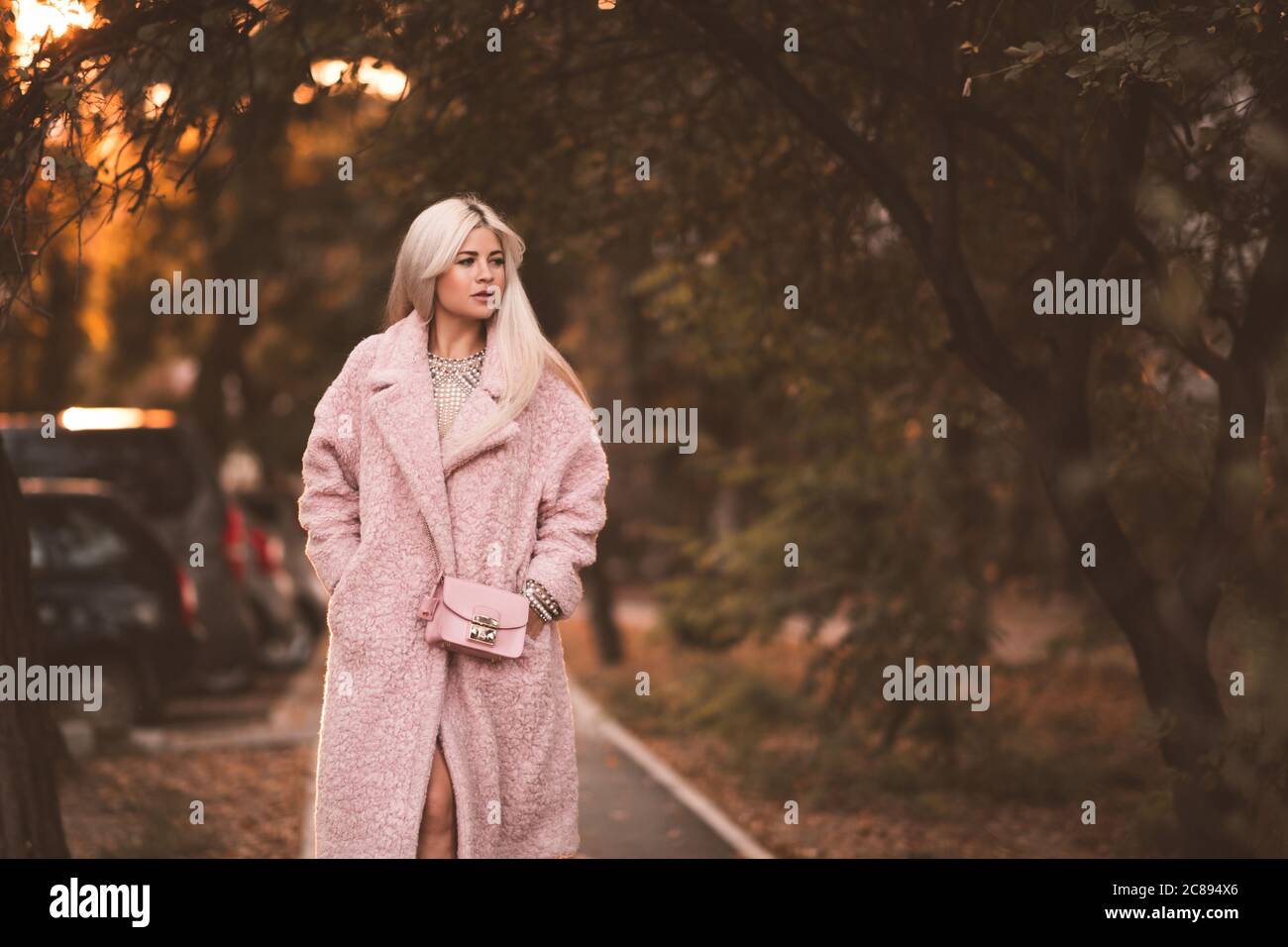 Stylish woman 24025 year old wearing winter coat and bag walking on city street outdoors. Looking away. Autumn season. Stock Photo