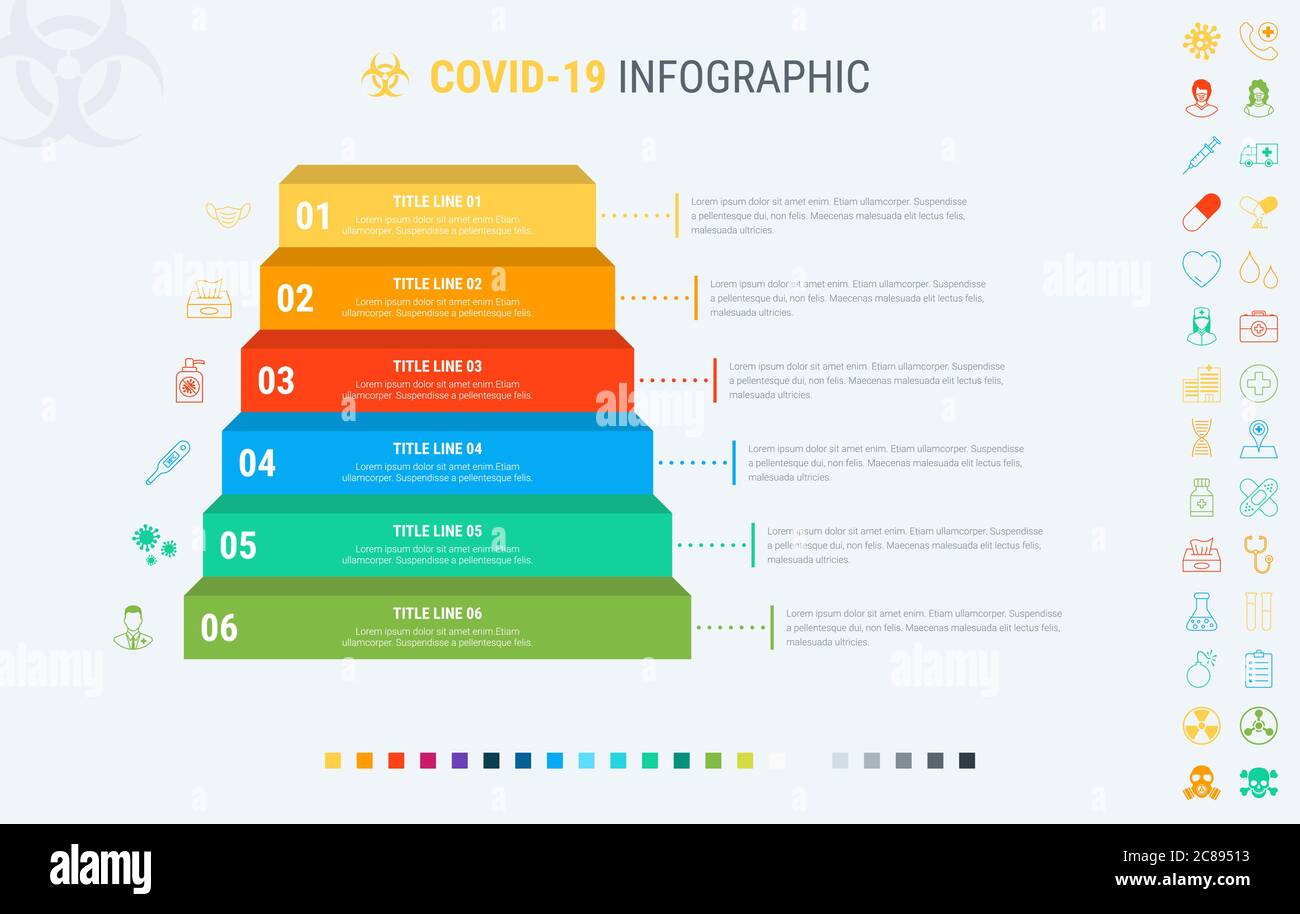 Covid-19 infographic template. 6 steps to prevent coronavirus, designed with beautiful colors. Vector timeline elements for print, presentations Stock Vector