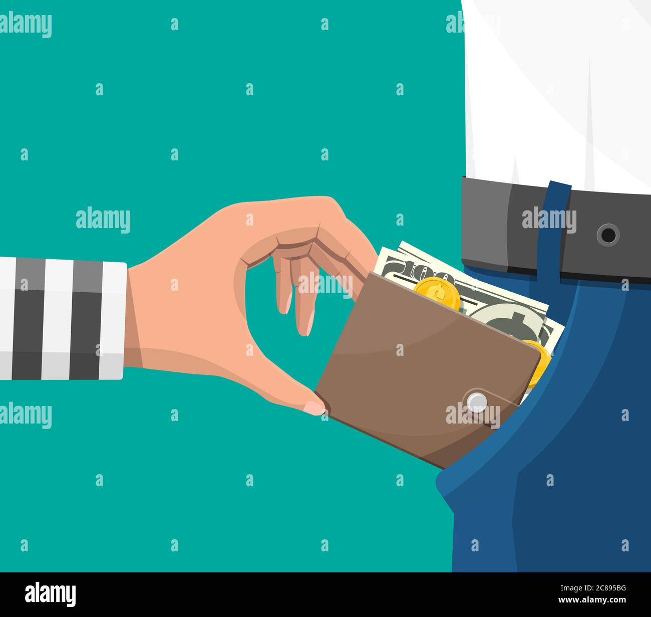 Human hand in prison robe takes money cash from pocket. Thief pickpocket stealing dollars banknotes from jeans. Crime and robbery concept. Flat vector illustration Stock Vector