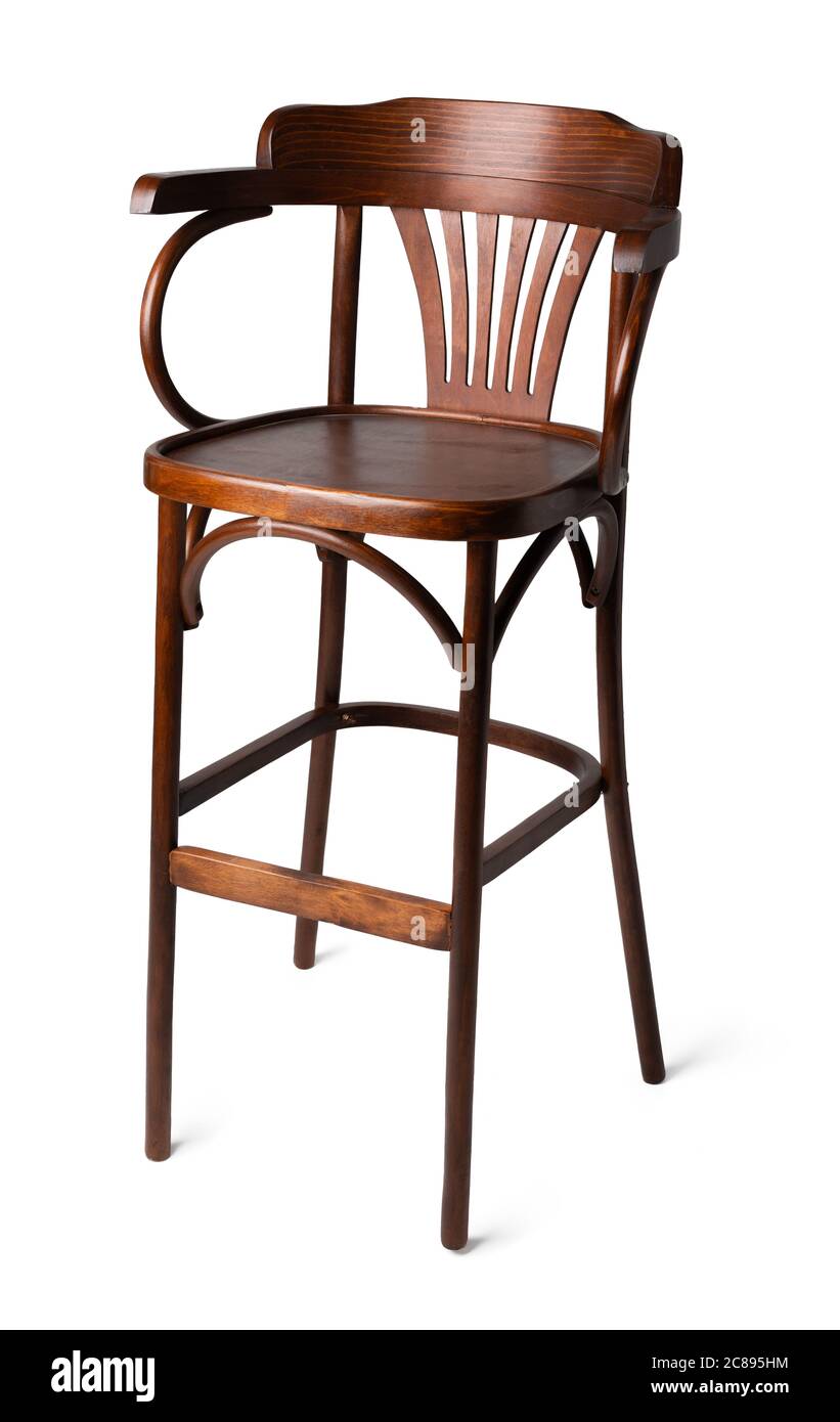 High wooden bar stool isolated on white Stock Photo Alamy