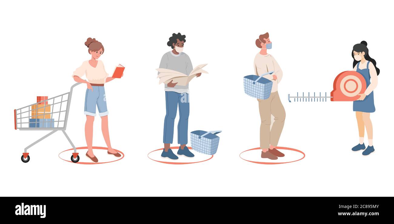 People stand in line and keep safe social distance in the shop vector flat illustration. Men and women keep distance to protect from Coronavirus. Maintain social distancing to prevent virus spread. Stock Vector