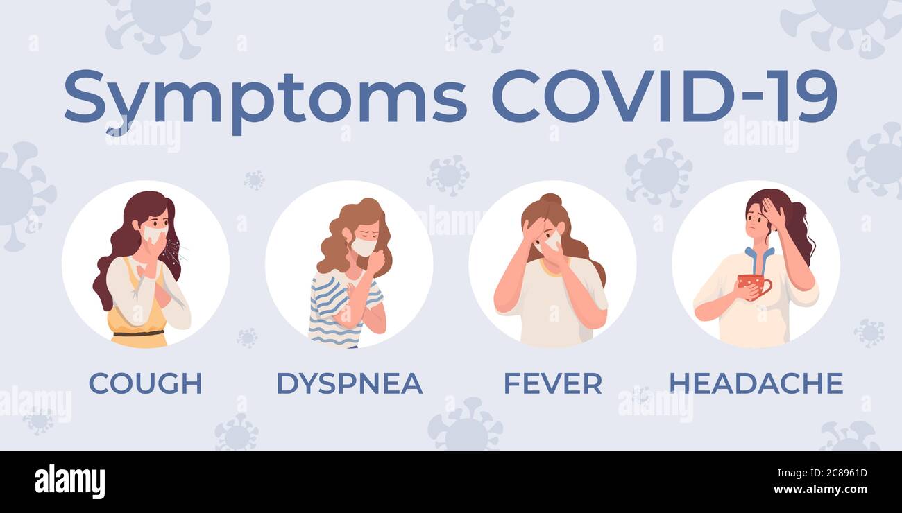 Symptoms of Coronavirus Covid-19 flat illustration with Coronavirus cells background. Young women have a cough, dyspnea, fever, and headache. Flu sickness by Coronavirus vector concept. Stock Vector