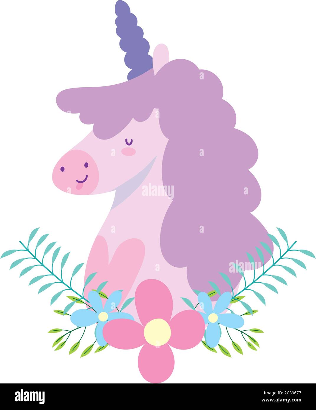 little unicorn flowers branches fantasy magic animal cartoon vector ...