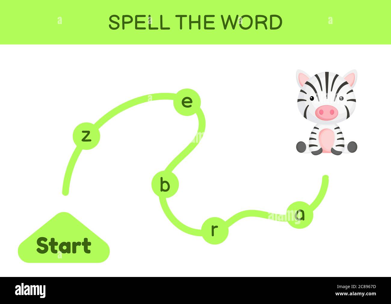 Maze for kids. Spelling word game template. Learn to read word zebra