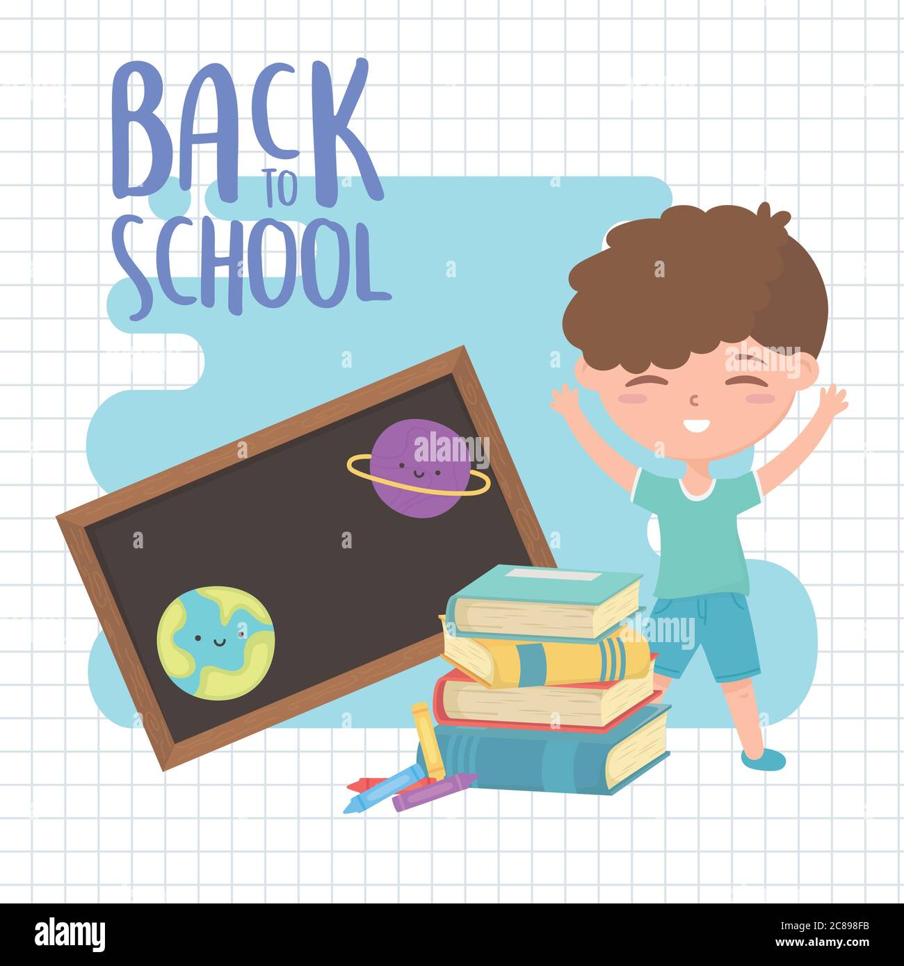 back to school, student boy books chalkboard and crayons education ...