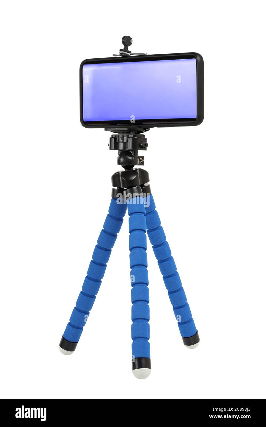 smart phone on flexible tripod isolated on white Stock Photo