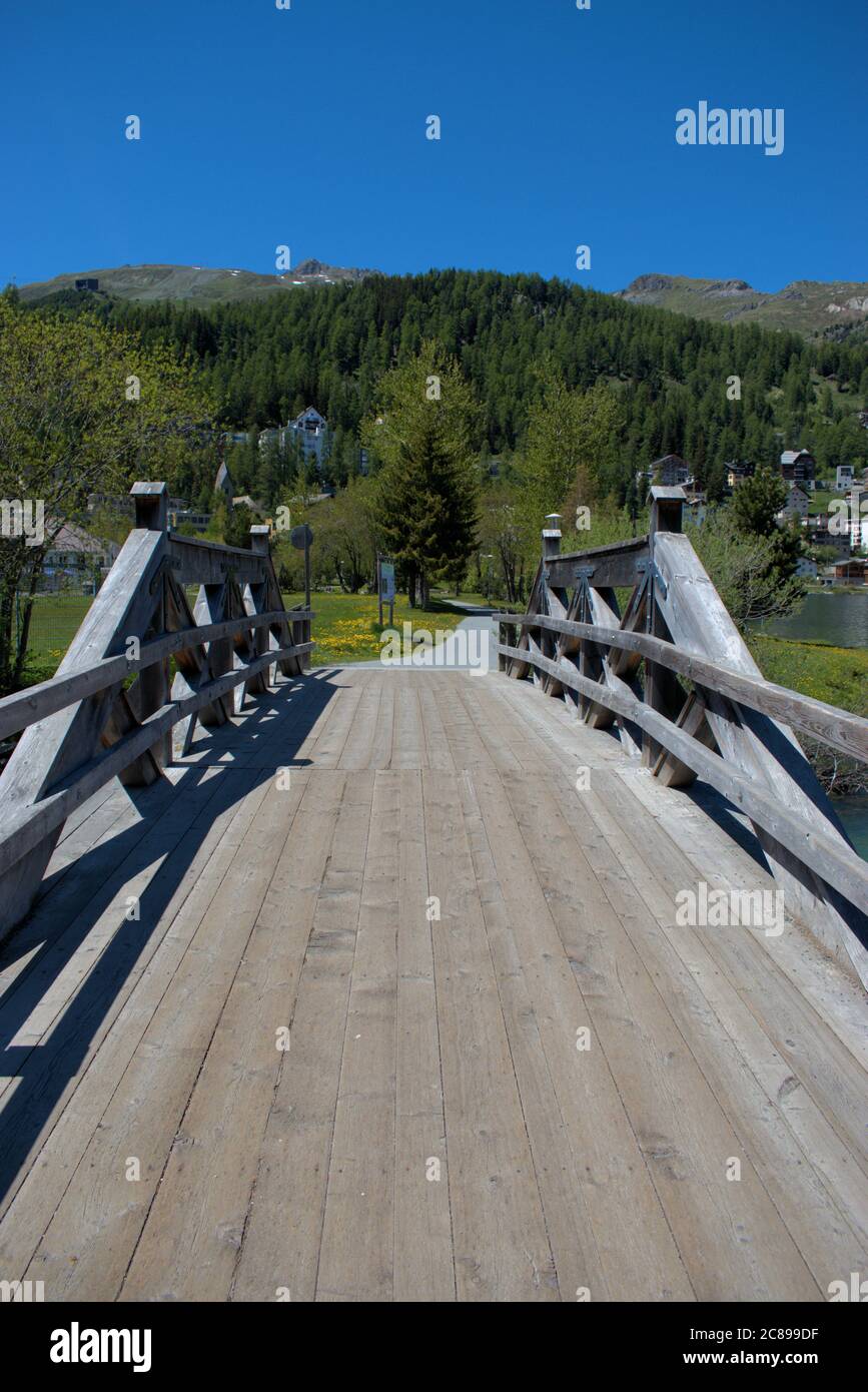 Little wooden bridge over the lake of Saint Moritz Stock Photo Alamy