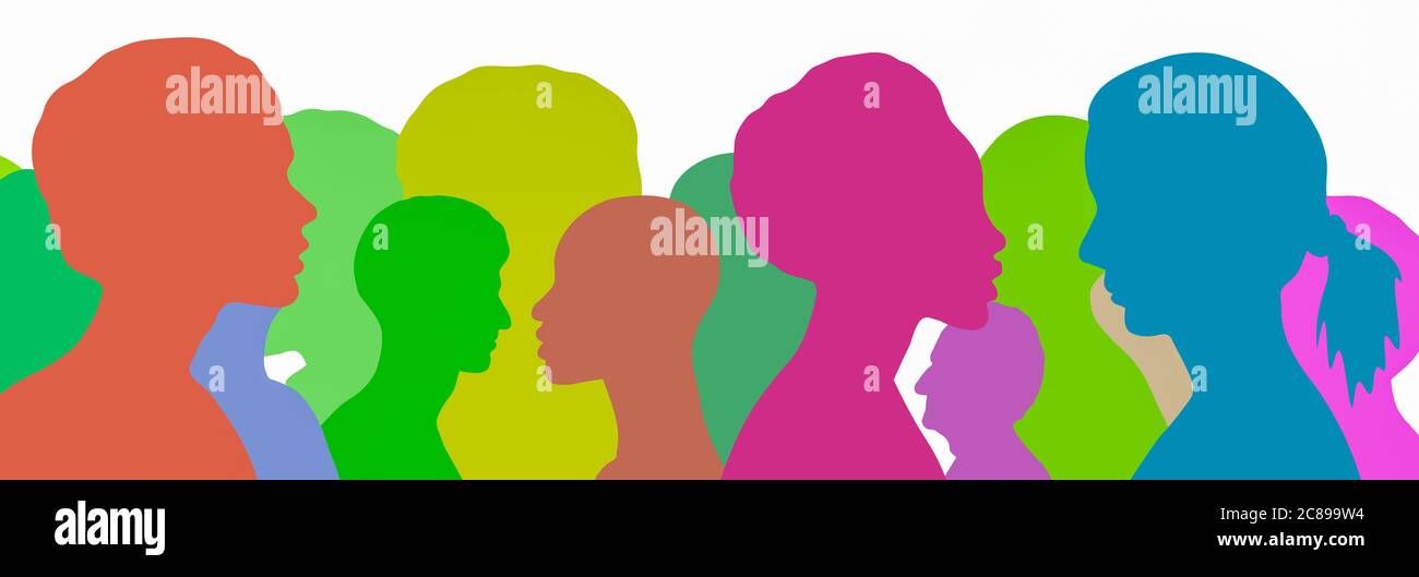 Colourful concept image of ethnically diverse silhouetted heads communicating one-to-one and in a group, female profiles to the forefront Stock Photo