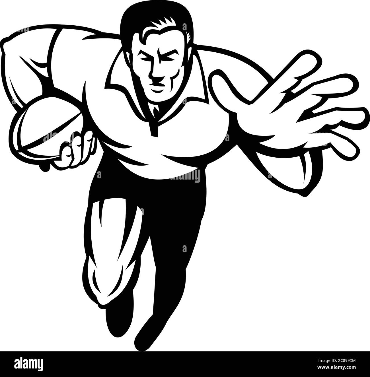 Retro black and white style illustration of a rugby player running with ball fending off with other hand viewed from front on isolated background. Stock Vector