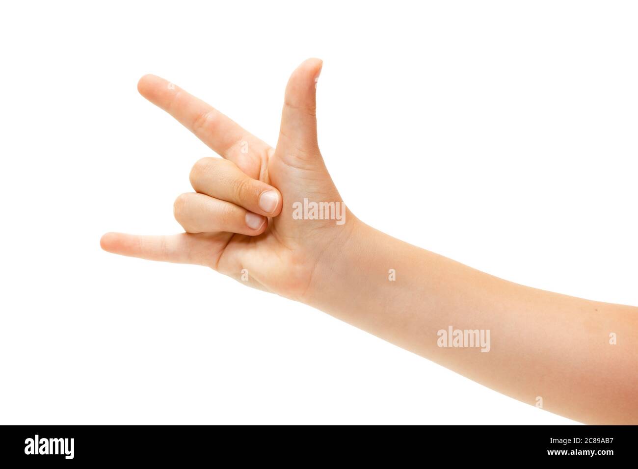 Rock sign. Children's hand, palm gesturing isolated on white studio ...