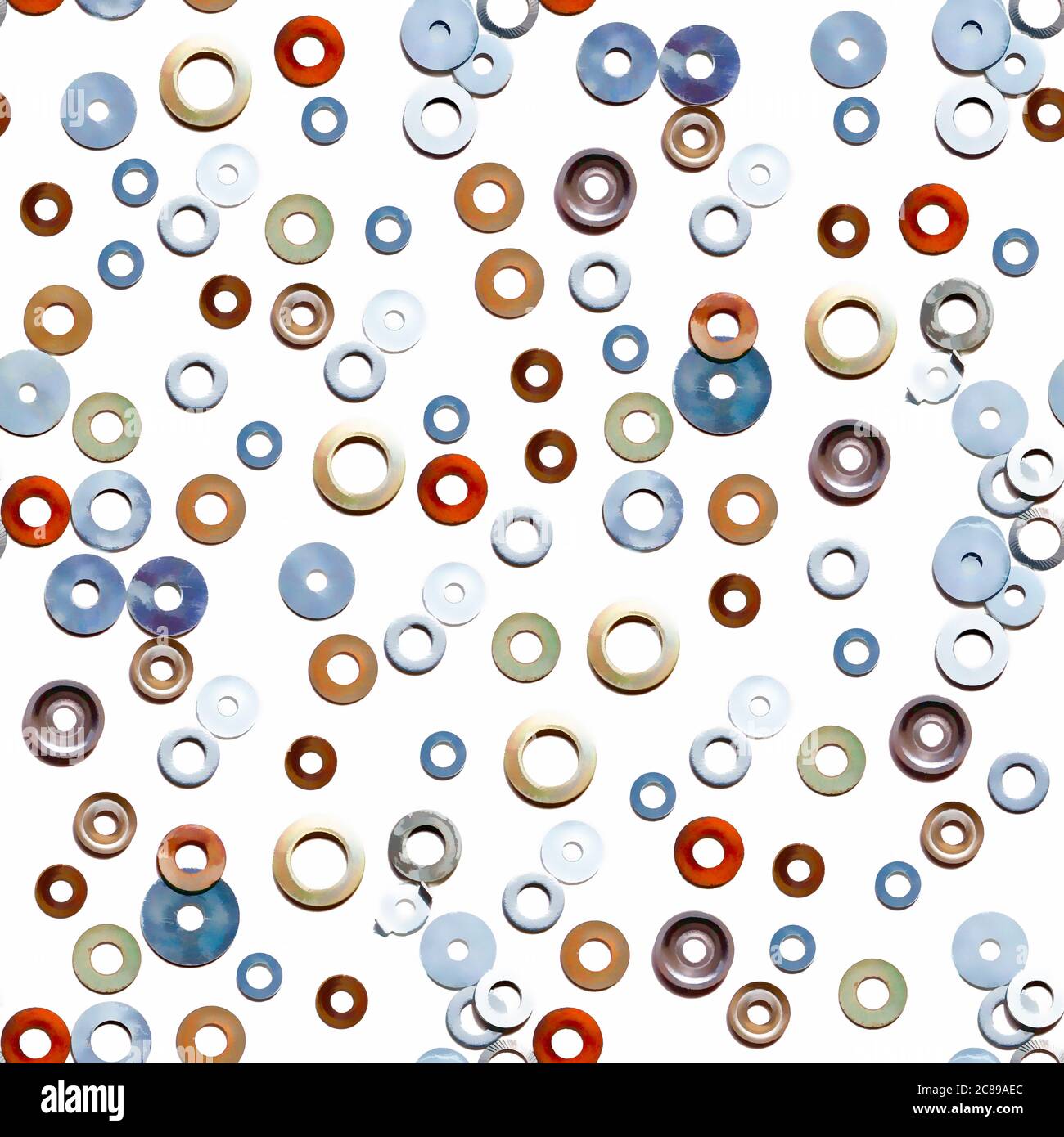 Seamlessly tileable image of colourful metal washers on a white background, suitable for wallpaper, wrapping paper or fabric prints Stock Photo