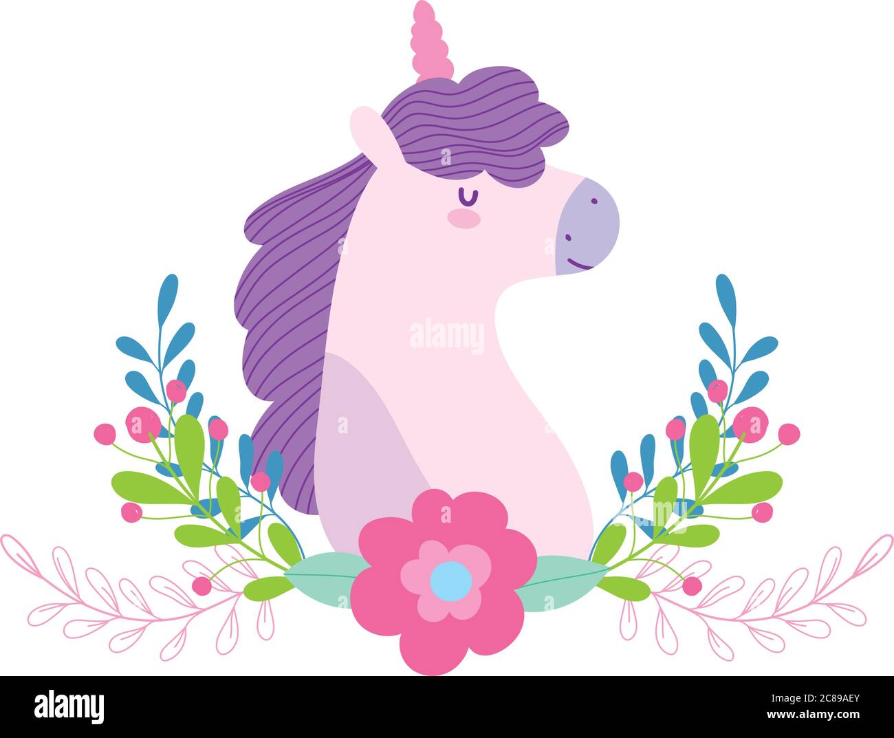 little unicorn flowers branches fantasy magic animal cartoon vector ...